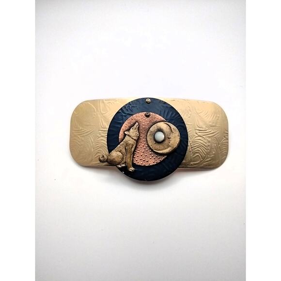 Vintage Accessories - Vintage Wolf Themed French Hair Clip Howling to the Moon Articulated
